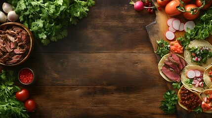 Overhead view of taco ingredients on a wooden table