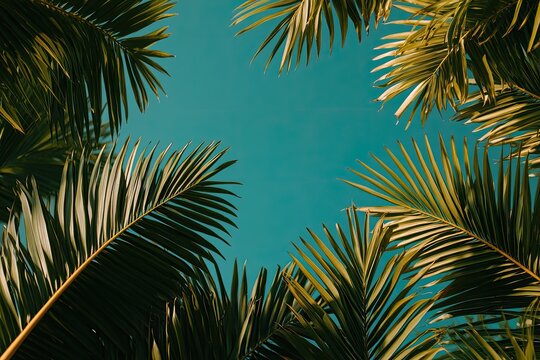 Lush palm leaves frame vibrant blue sky, creating tropical parad