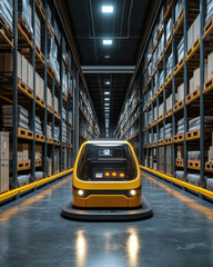 Fototapeta premium A robotic vehicle navigates through a modern warehouse filled with shelves of goods, showcasing automation in logistics.