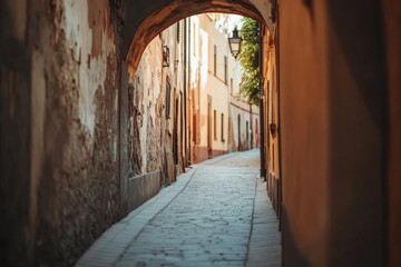 Obraz premium Narrow cobblestone alleyway framed by rustic buildings and warm