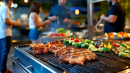 Outdoor BBQ grilling food with people