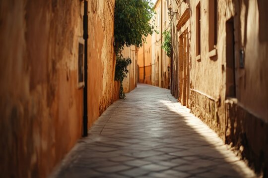 Narrow cobblestone street lined with warm-toned walls and greene