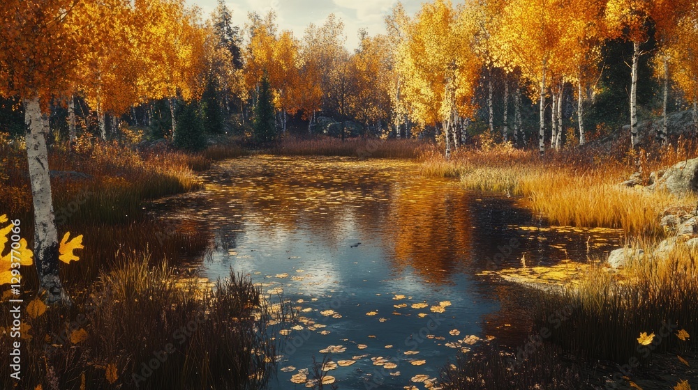 Poster a beautiful autumn bog with golden foliage, capturing the perfect balance of life cycle between deca