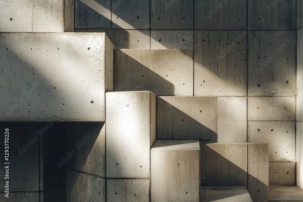 Poster concrete blocks create layered shadows and light.