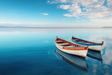 Fototapeta premium Tranquil scene with two boats gently floating on calm azure wate