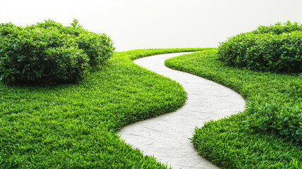 Obraz premium Winding path through lush green grass and bushes, isolated on a white background