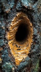 Insects near a tree hole entrance. Close-up view of small insects gathered around the opening of a dark burrow in a tree trunk.