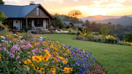 Sunset view of mountain home garden