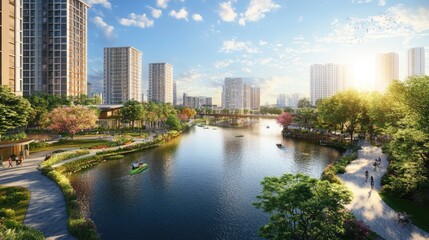 Fototapeta premium A beautiful riverside that highlights the blend of vibrant greenery and urban structures, showcasing the coexistence of nature and human life