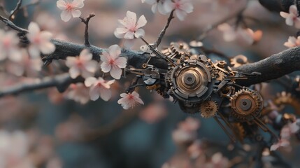 cherry blossom branch, clear, machine parts and gears on many thin branches, clear design, precise details, develop into machine parts, completely sharp, Biopunk, scorn game, Survival, Horror, octane 