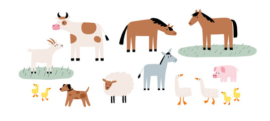 Cute farm animals in flat style. Hand-drawn country horse, cow, sheep, goose, dog, pig, donkey. Childish character. Cartoon flat graphic vector illustrations