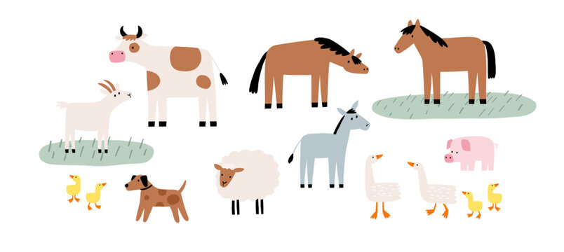 Fototapeta Cute farm animals in flat style. Hand-drawn country horse, cow, sheep, goose, dog, pig, donkey. Childish character. Cartoon flat graphic vector illustrations