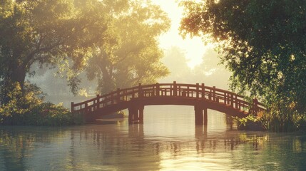 A beautiful wooden bridge over a body of water, with the sun casting its warm light, creating a tranquil and inviting outdoor scene