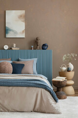 A serene bedroom setting with neutral bedding, textured pillows, and a warm-toned background,...