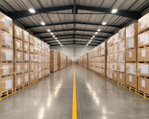 Fototapeta premium A spacious warehouse filled with neatly stacked cardboard boxes extending along aisles, showcasing efficient storage and organization.