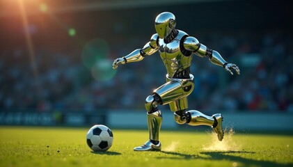 Chrome robot leg powerfully kicks soccer ball , robotic leg, soccer ball, advanced robotics