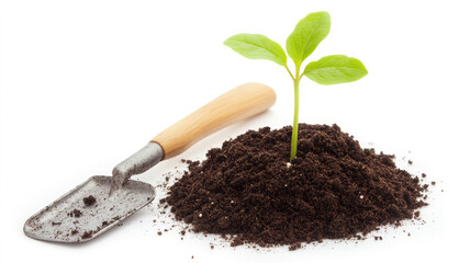 Young plant sprouting in rich soil next to a gardening trowel, isolated on a white background