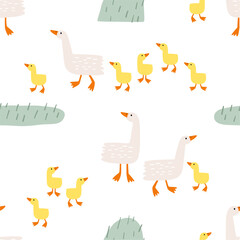 Cute farm animals in flat style. Hand-drawn country goose. Childish character. Cartoon flat graphic vector seamless pattern
