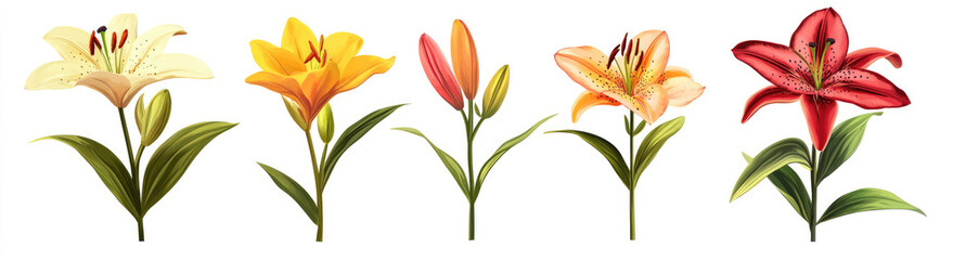 Naklejka premium Set of elegant blooming lilies with buds, isolated on a white background