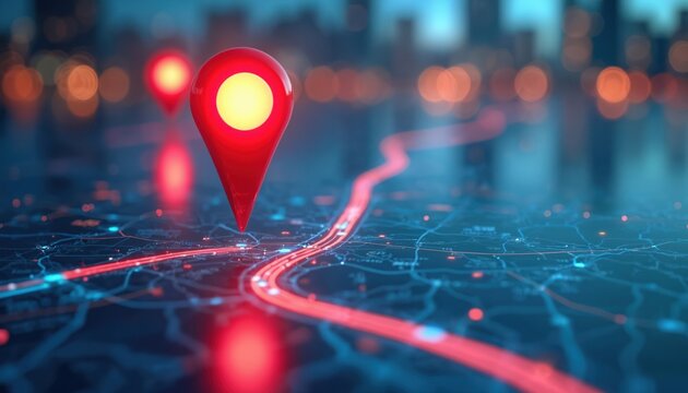 Digital location navigation concept with two red map pins on map. Tech GPS point, route path. AI innovation delivery. New office location, change address. Future transport logistic.