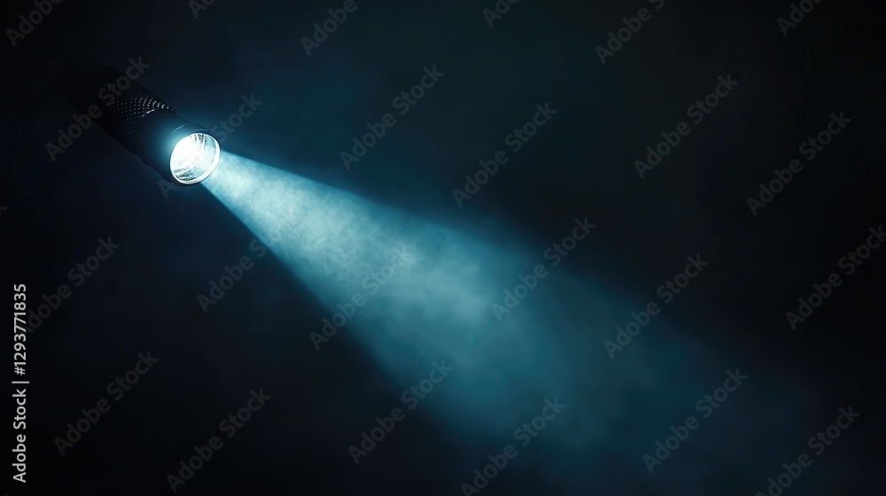 Poster a bright, concentrated beam of light from a flashlight illuminates a dark space, creating an intense