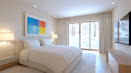 Luxurious bedroom, snowy view, winter scene, relaxing retreat, hotel advertisement