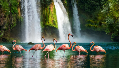 Naklejka premium Beautiful Pink Flamingo birds in nature standing in the water with a beautiful waterfall in the background