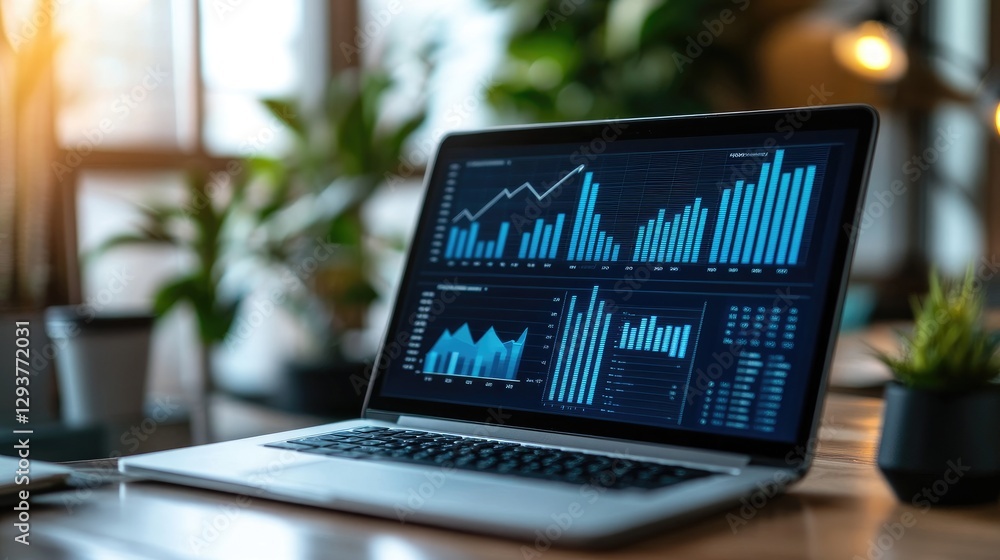 Poster a business growth analysis session with a laptop displaying blue graphs and charts, reflecting busin