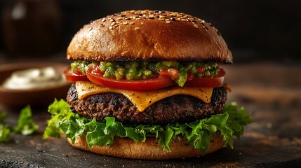 Detailed, visually enticing studio photography of a gourmet black bean veggie burger layered with avocado salsa, tomato slices, melted pepper jack cheese, fresh lettuce, and chipotle aioli,