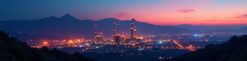 Fototapeta premium Illuminated industrial zone against mountain range at twilight , illumination, industrial