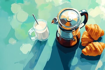 French press filled with freshly brewed coffee, placed on a wooden table with warm lighting, creating a cozy morning atmosphere, style книжной иллюстрации