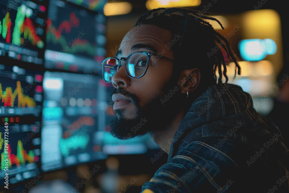 Poster man with glasses focused on a computer screen in a well-lit office environment working on a project