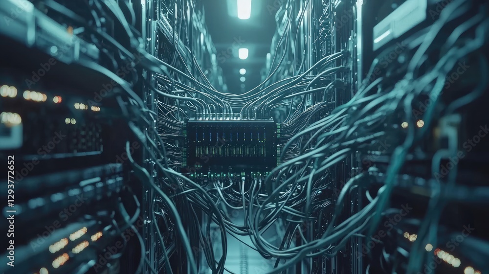 Aufkleber A chaotic tangle of network cables leads to a managed switch in a high-tech data center, illustrating complex infrastructure and tech operations