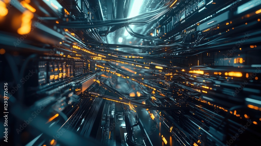 Aufkleber A chaotic tangle of network cables leads to a managed switch in a high-tech data center, illustrating complex infrastructure and tech operations