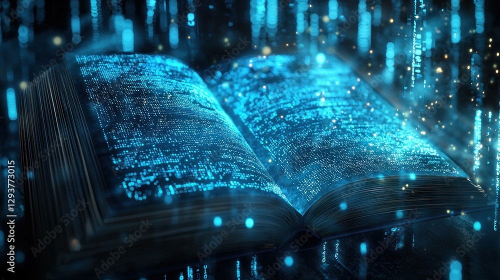 Poster open book with glowing blue digital text and data streams, symbolizing knowledge and technology in a