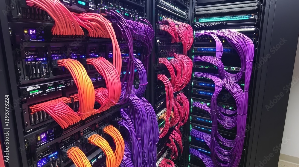 Poster A clean, well-organized server rack featuring color-coded network cables plugged into a switch panel, highlighting modern data center infrastructure