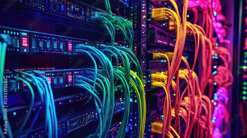 Poster a clean, well-organized server rack featuring color-coded network cables plugged into a switch panel