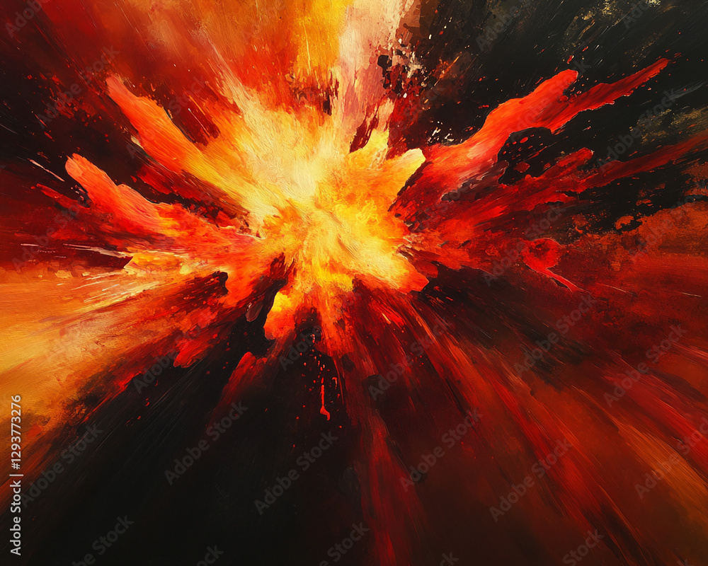 Aufkleber Abstract explosion of fiery red and yellow paint with dynamic splashes against a dark background, symbolizing intense energy, power, and motion in an expressive artwork.
