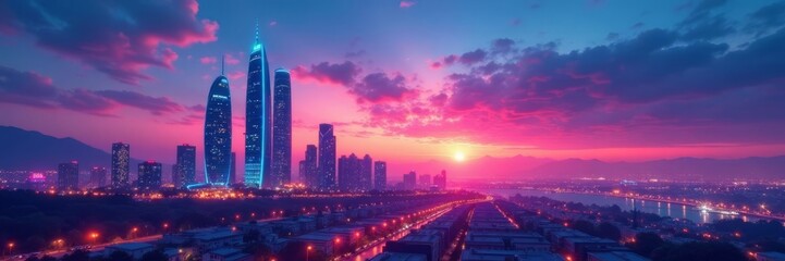 Fototapeta premium Sleek towers, neon glow, tranquil twilight sky, modern, view, abstract