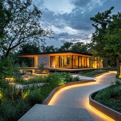 Modern house garden pathway at dusk