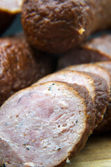 Dry smoked sausage, medium minced. Traditional taste and appetizing aroma.

