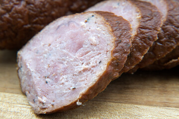 Dry smoked sausage, medium minced. Traditional taste and appetizing aroma.
