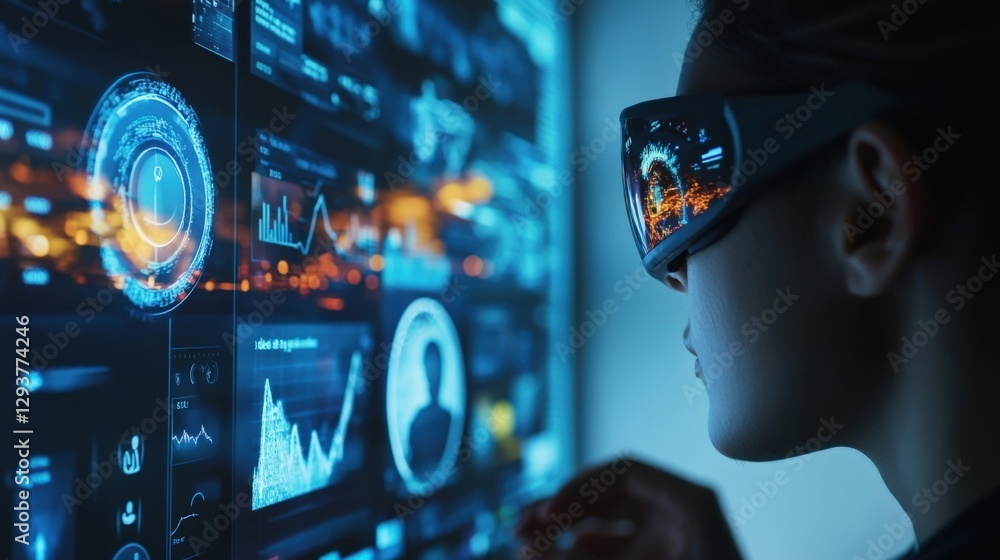 Poster software engineer wearing smart glasses analyzes a holographic big data interface displaying graphs 