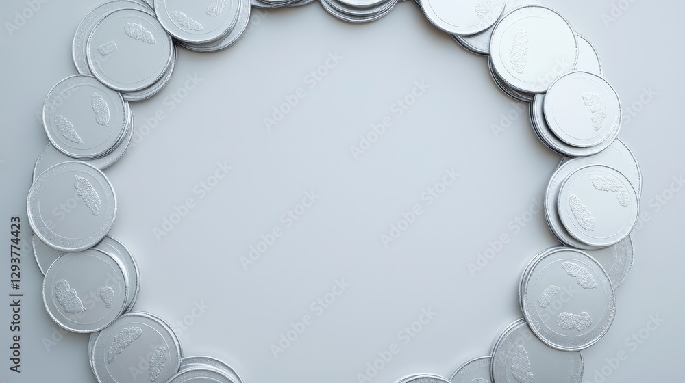 Poster a close-up of coins arranged in a perfect circle, set against a clean, minimalist background, with r