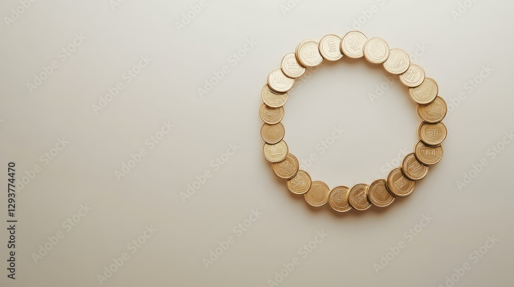 Poster a close-up of coins arranged in a perfect circle, set against a clean, minimalist background, with r