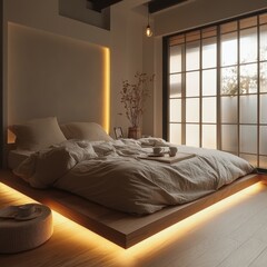 This cozy bedroom shows a minimalist and warm bedroom scene