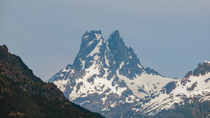Snow-capped mountain peaks known as Cerro Dos Picos. Chubut, Patagonia, Argentina