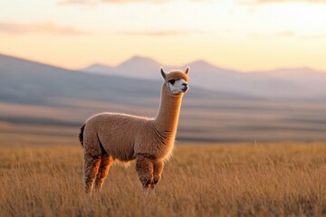 Gentle alpaca stands gracefully in golden grass at sunset, showc