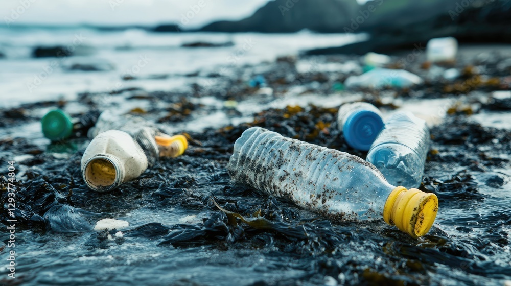 Poster a close-up of plastic bottles and trash left in tide pools at a beach, showcasing environmental dama