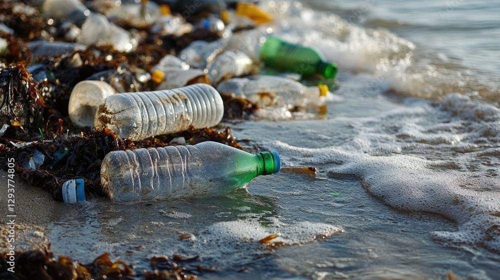 Poster a close-up of plastic bottles and trash left in tide pools at a beach, showcasing environmental dama